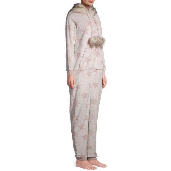 Secret Treasures Faux Fur One Piece Plush Hooded Pajamas PJs Fleece Onesie - Picture 2 of 5
